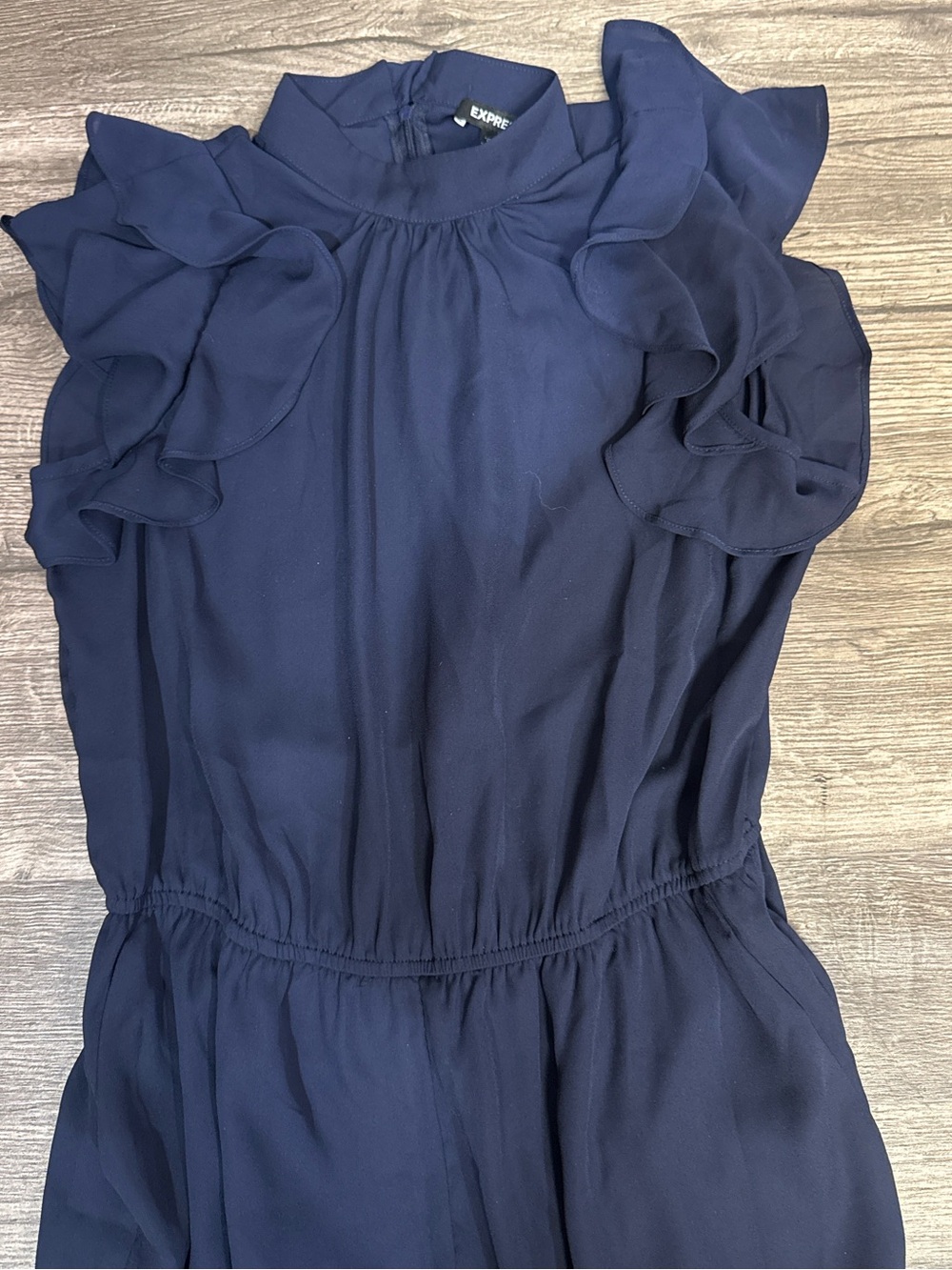 Express Navy Ruffle-Sleeve High-Neck Wide-Leg Jumpsuit - Picture 3 of 7